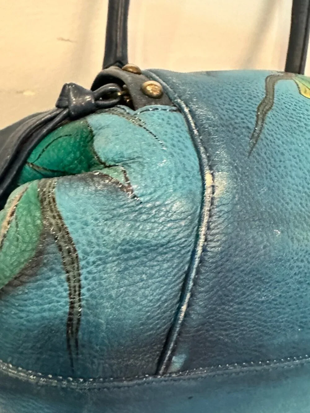 Anushka Hand Painted Leather Satchel Bag Butterfly Bird Floral Turquoise Baes